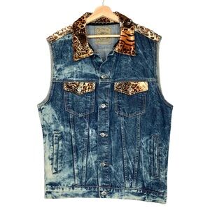 Bare Fox Vintage 2XL Denim Faux Fur Studded Vest Denim Animal Print Distressed